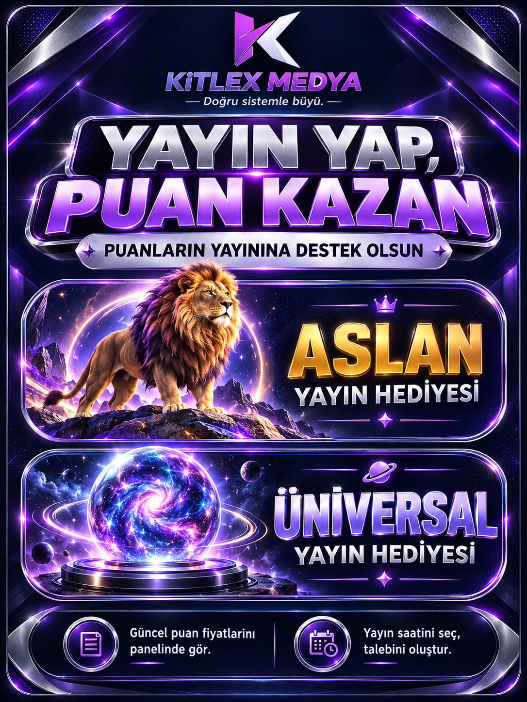 KitLex Medya yayın hediyeleri: Aslan ve Üniversal. Yayın yap, puan kazan.